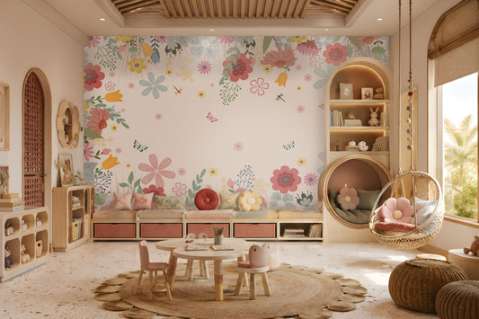 Serene pink blossom mural wallpaper elegant floral wall design in modern living room.