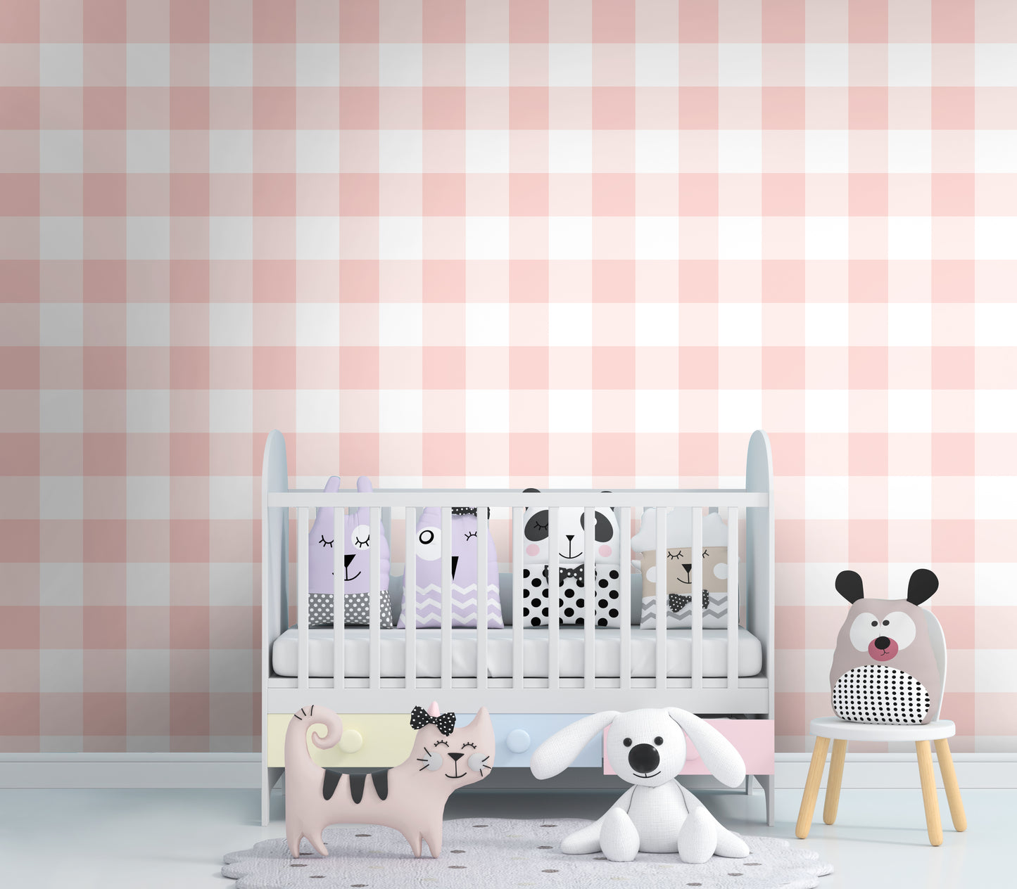 A charming room features a soft pastel checks wallpaper in a peach theme.
The delicate design displays a clean grid pattern with intersecting pink and cream lines.
In front, a small wooden table holds a white vase with small pink flowers.
The sweet, bright interior space creates a warm, simple, and comforting atmosphere.
