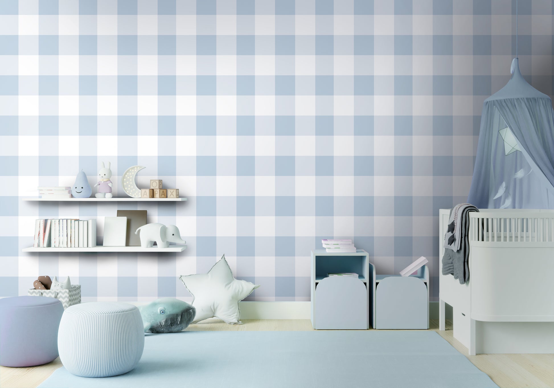 A charming room features a soft pastel checks wallpaper in a frosted blue theme.
The delicate design displays a clean grid pattern with intersecting blue and cream lines.
In front, a small wooden table holds a white vase with small pink flowers.
The sweet, bright interior space creates a calm, simple, and comforting atmosphere.