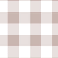 A cozy bedroom features a soft pastel checks wallpaper in a pastel silver theme.
The delicate design displays a clean grid pattern with intersecting muted pink-grey and white blocks.
In front, a neatly made bed with dusty pink pillows and blankets is centered in the space.
The sweet, modern interior setup is nicely completed by a plush teddy bear sitting on the floor.