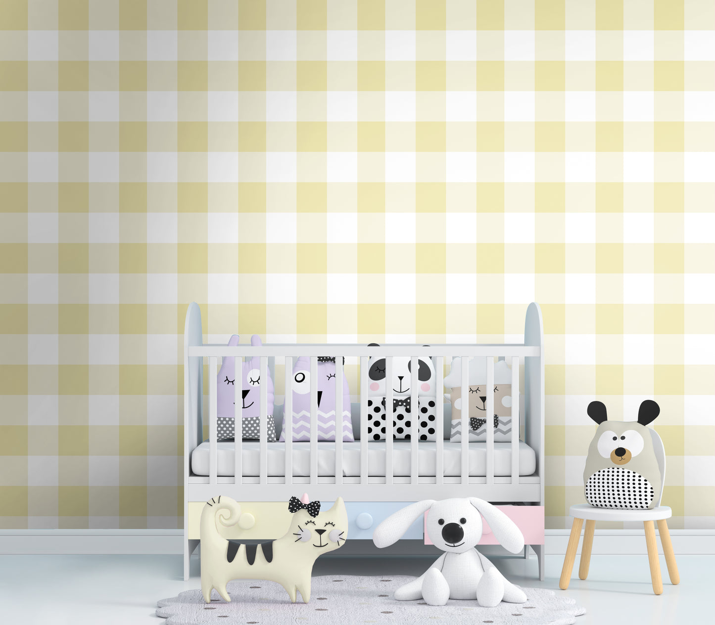 A cozy bedroom features a soft gingham check wallpaper in pastel silver.
The design displays a large grid pattern with alternating dusty pink-grey and white blocks.
In front, a neatly made bed with pink pillows and sheets is centered in the space.
The modern kids' room setup is nicely completed by a plush teddy bear sitting on the rug.