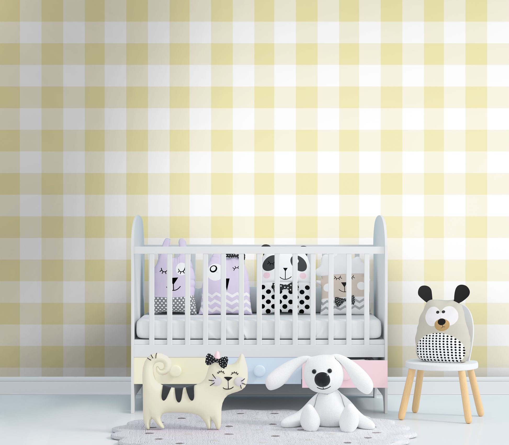 A cozy bedroom features a soft gingham check wallpaper in pastel silver.
The design displays a large grid pattern with alternating dusty pink-grey and white blocks.
In front, a neatly made bed with pink pillows and sheets is centered in the space.
The modern kids' room setup is nicely completed by a plush teddy bear sitting on the rug.