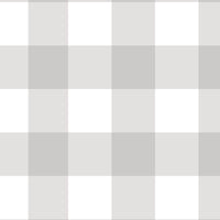 A serene nursery room features a soft gingham check wallpaper in cloud grey.
The design displays a large grid pattern with alternating light grey and white blocks.
In front, a white wooden baby crib filled with plush star and animal toys is centered.
The calm and peaceful interior layout is nicely completed by a light grey rug on the floor.