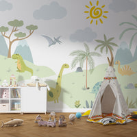 485_DA Dinosaur Park Kids Mural Wallpaper – Soft Mint