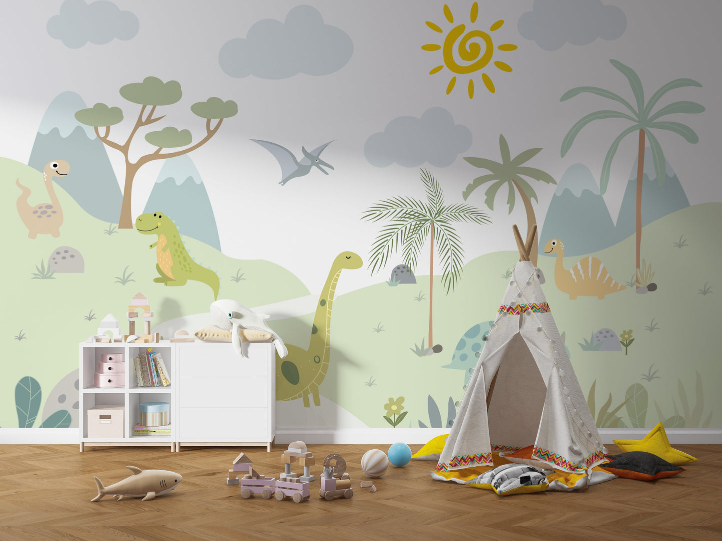 485_DA Dinosaur Park Kids Mural Wallpaper – Soft Mint