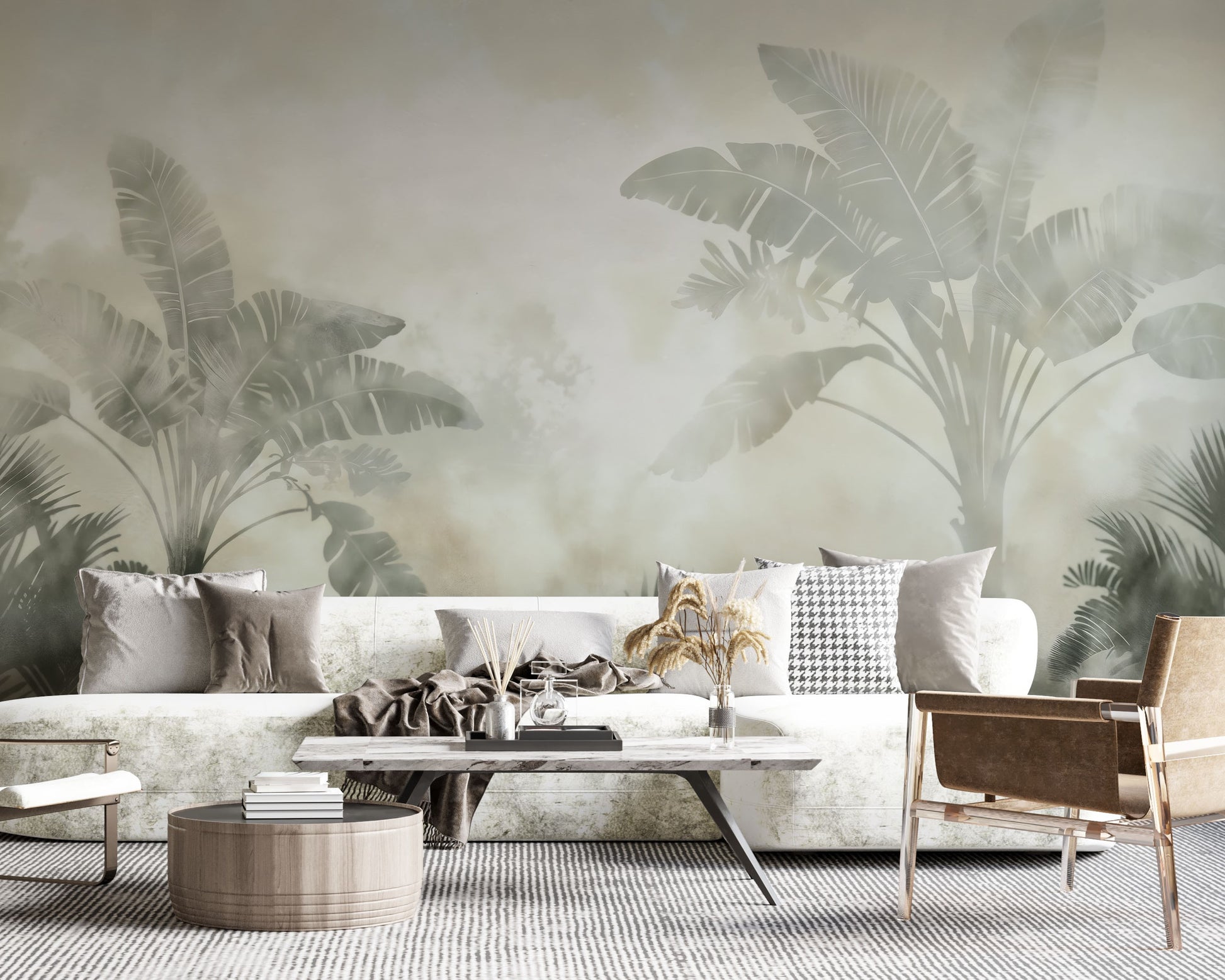 Sage Green, tropical abstract wallpaper in a living room with sunlight