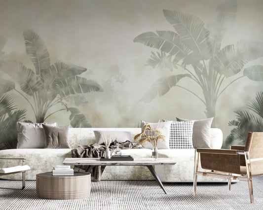 Sage Green, tropical abstract wallpaper in a living room with sunlight