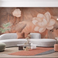 Creamy peach tranquility mural wallpaper botanical wall design in modern living room.