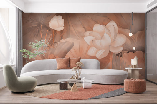 Creamy peach tranquility mural wallpaper botanical wall design in modern living room.