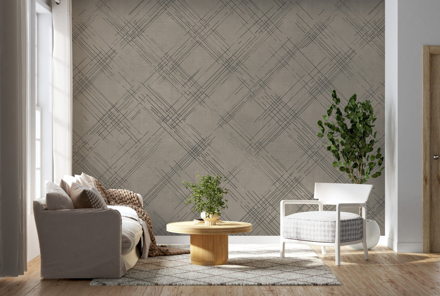 A structured interior setting features a striped wallpaper in a bold Mossbury style.
The clean textured design displays alternating vertical bands of golden yellow, soft cream, and muted grey.
In front, a minimalist credenza cabinet with white, light grey, and teal drawers is centered nicely.
The neat interior space is beautifully completed by a white wavy ceramic vase holding a small leafy plant.