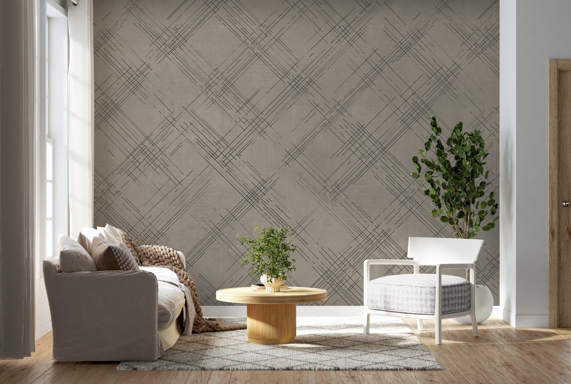 A structured interior setting features a striped wallpaper in a bold Mossbury style.
The clean textured design displays alternating vertical bands of golden yellow, soft cream, and muted grey.
In front, a minimalist credenza cabinet with white, light grey, and teal drawers is centered nicely.
The neat interior space is beautifully completed by a white wavy ceramic vase holding a small leafy plant.