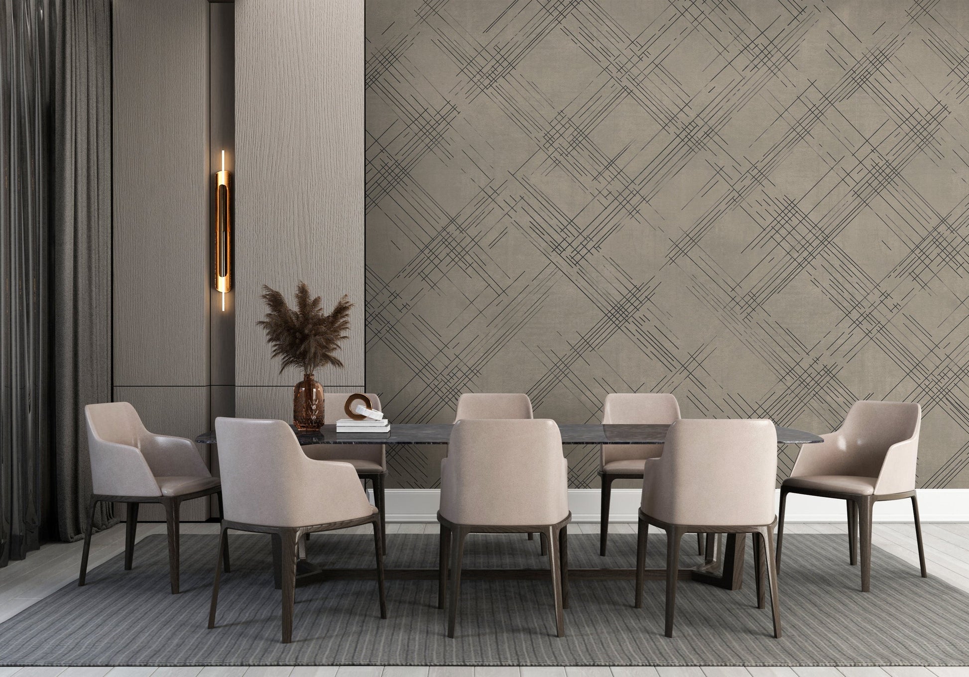A bright living room features a textured crosshatch wallpaper in a mouse grey theme.
The fabric-look pattern displays intersecting dark charcoal sketch lines over a warm beige background.
In front, a comfortable cream sofa sits near a matching modern white accent chair.
The contemporary interior setup is completed by a small wooden coffee table holding a green plant.