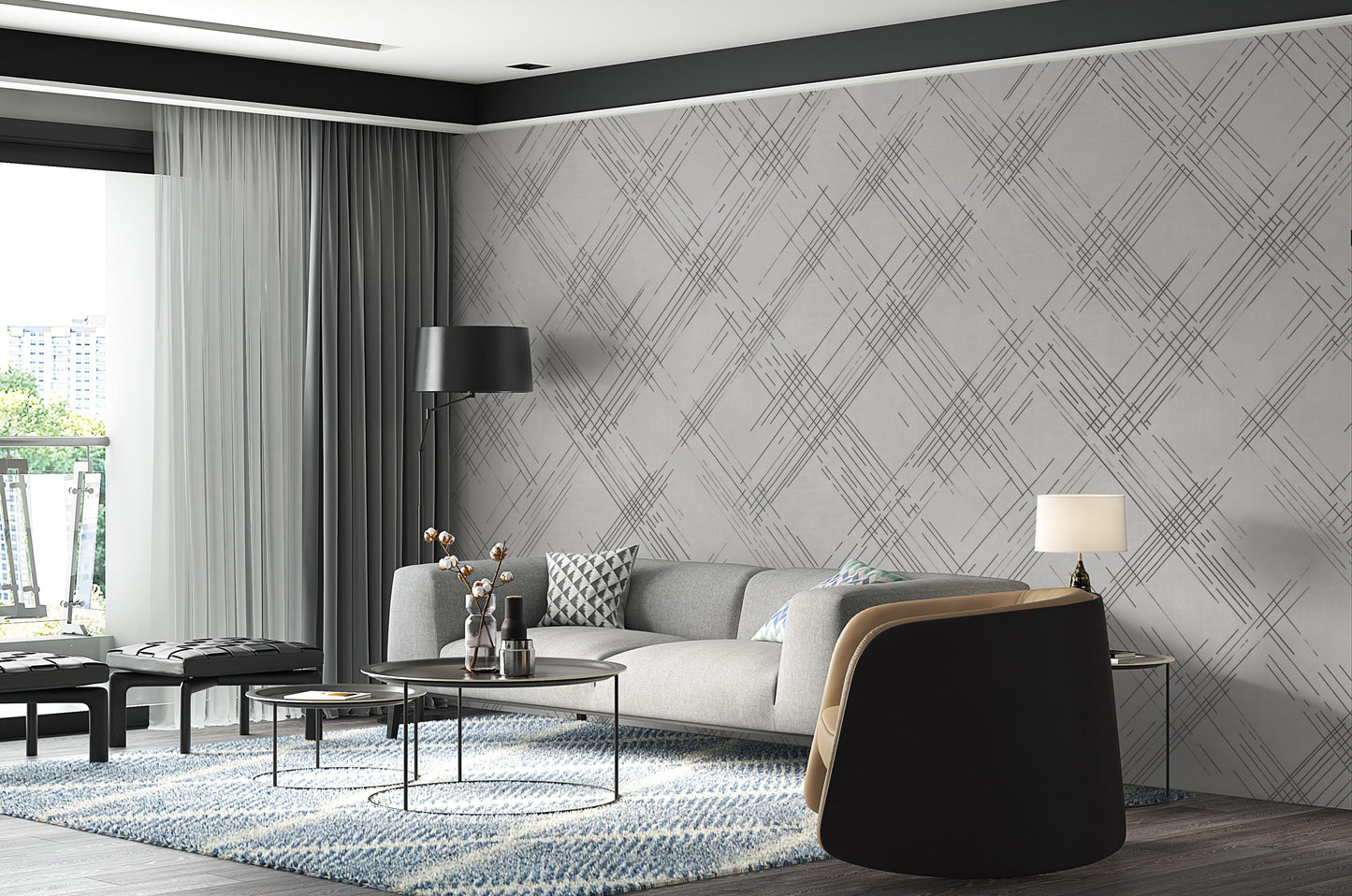 A modern interior bedroom features a textured crosshatch wallpaper in a rhino grey theme.
The fine fabric-look pattern displays intersecting white sketch lines over a cool grey background.
In front, a bed with clean white sheets and dark charcoal pillows sits next to a wooden table.
The bright, contemporary layout is beautifully completed by a sleek black metal reading lamp on the left.