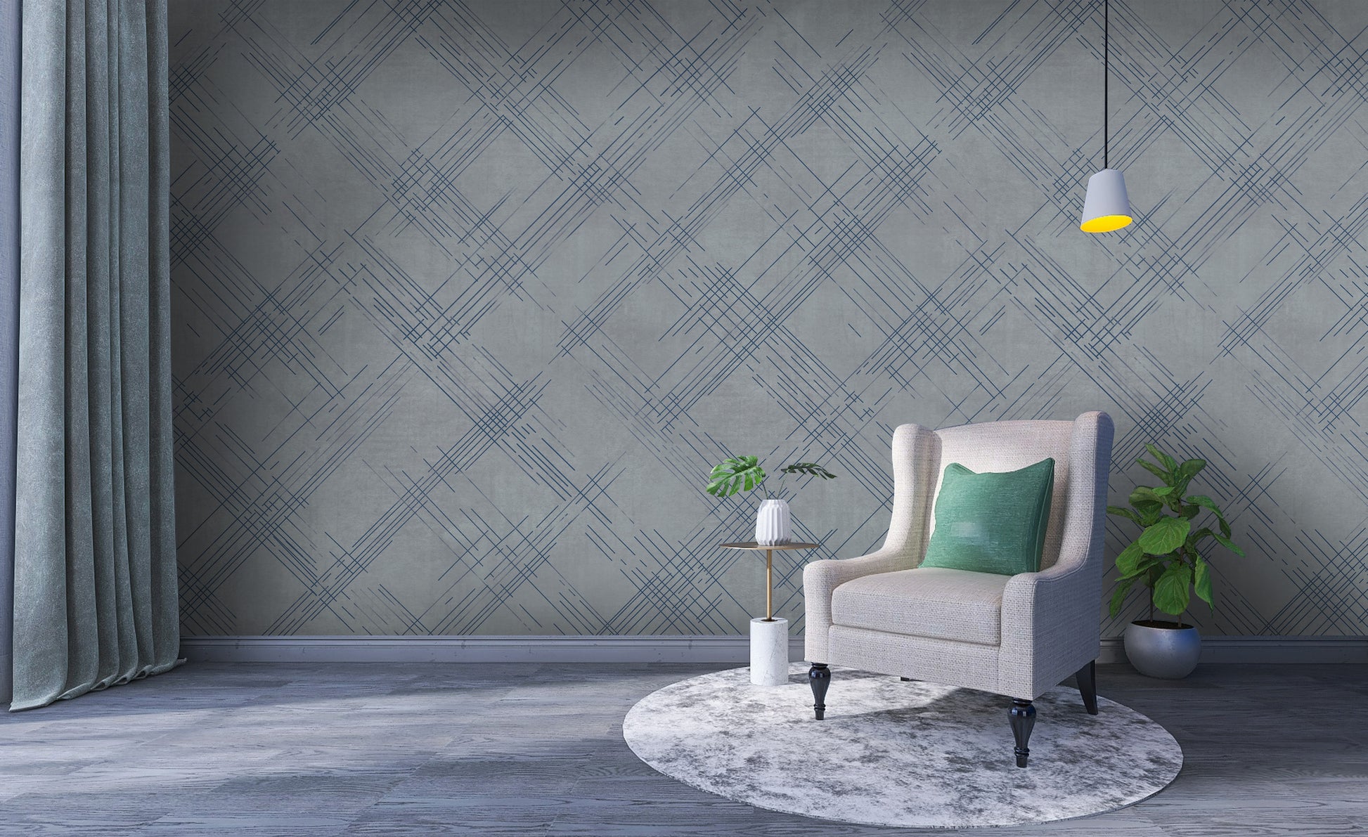 A modern interior features a textured crosshatch wallpaper in a steel grey theme.
The fabric-look pattern displays intersecting dark blue-grey sketch lines over a medium grey background.
In front, a comfortable light beige armchair with a blanket sits on a round woven rug.
The simple, contemporary layout is completed by a small wooden side table holding flowers.