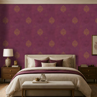 An architectural perspective of a statement room featuring the Vintage Damask Wallpaper in Magenta. The large-scale pattern and bold colorway create an energetic, gallery-like atmosphere, serving as a powerful cultural focal point that anchors the surrounding decor.