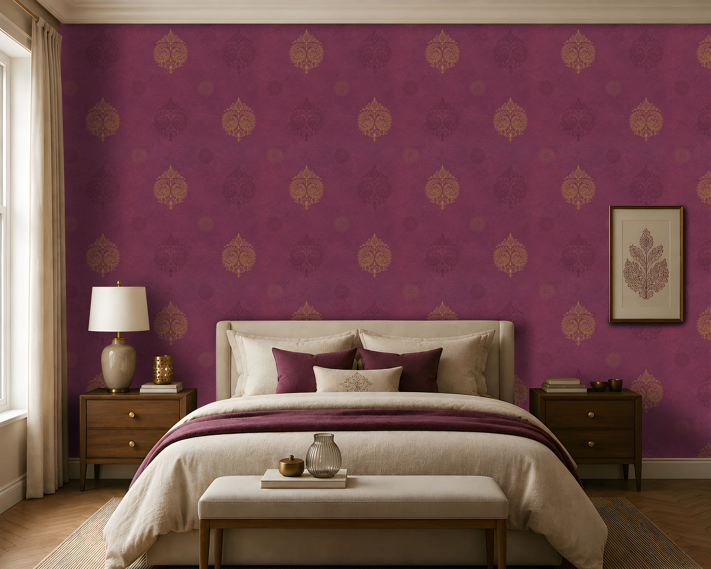 An architectural perspective of a statement room featuring the Vintage Damask Wallpaper in Magenta. The large-scale pattern and bold colorway create an energetic, gallery-like atmosphere, serving as a powerful cultural focal point that anchors the surrounding decor.