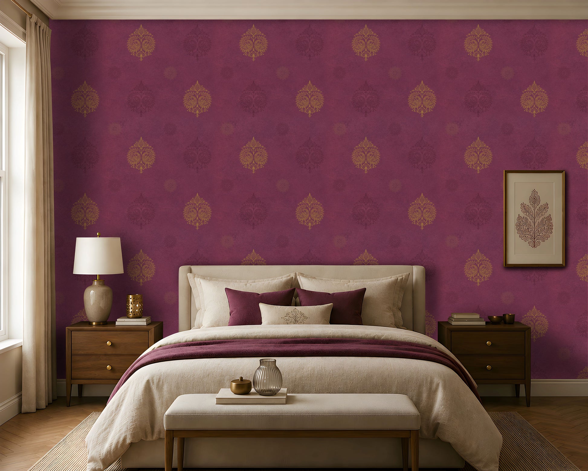An architectural perspective of a statement room featuring the Vintage Damask Wallpaper in Magenta. The large-scale pattern and bold colorway create an energetic, gallery-like atmosphere, serving as a powerful cultural focal point that anchors the surrounding decor.