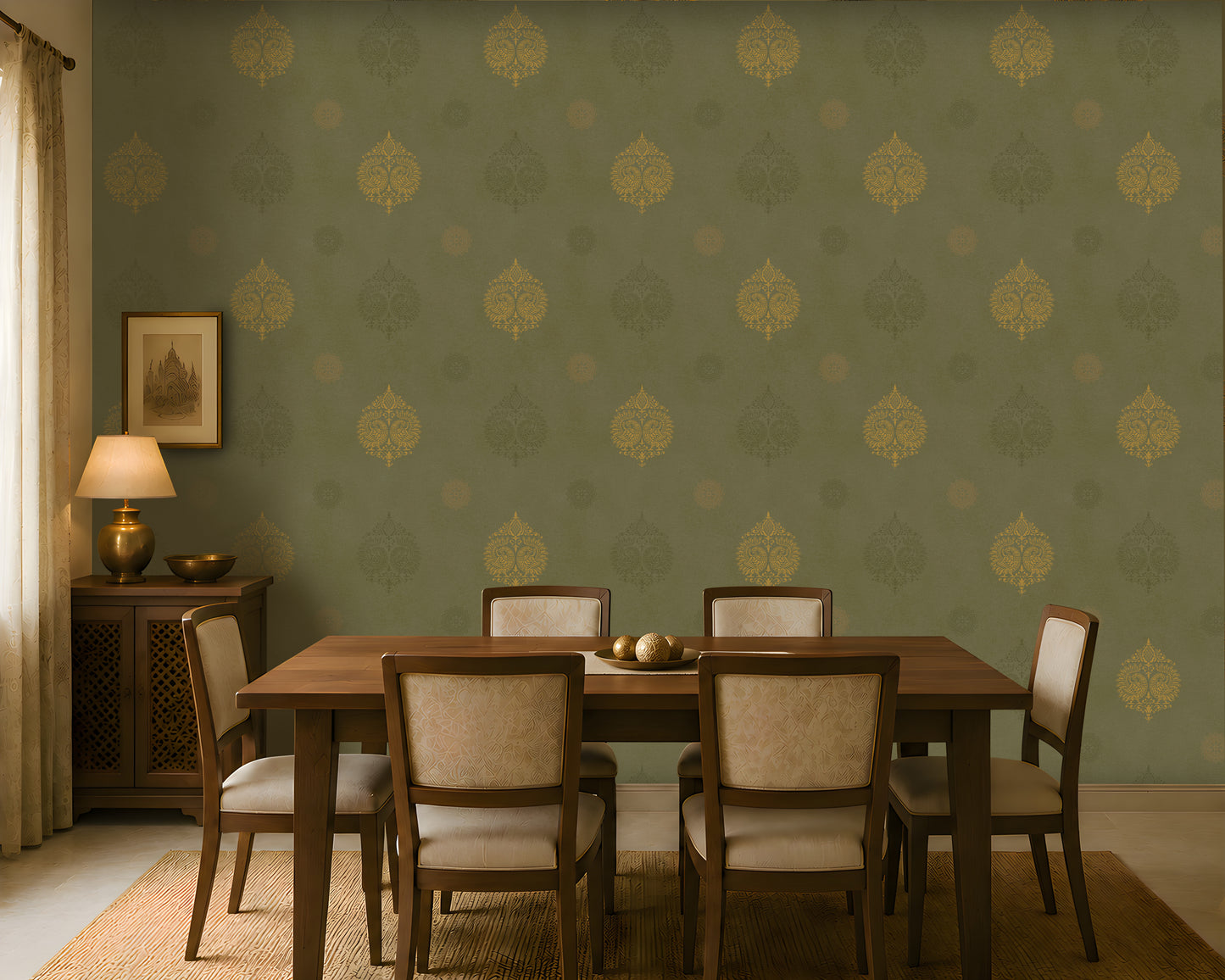 An architectural perspective of a lounge featuring the Vintage Damask Wallpaper in Deep Olive. The large-scale damask pattern creates a warm, storied atmosphere, perfectly complementing natural wood textures and leather furniture for a refined, global-inspired interior.