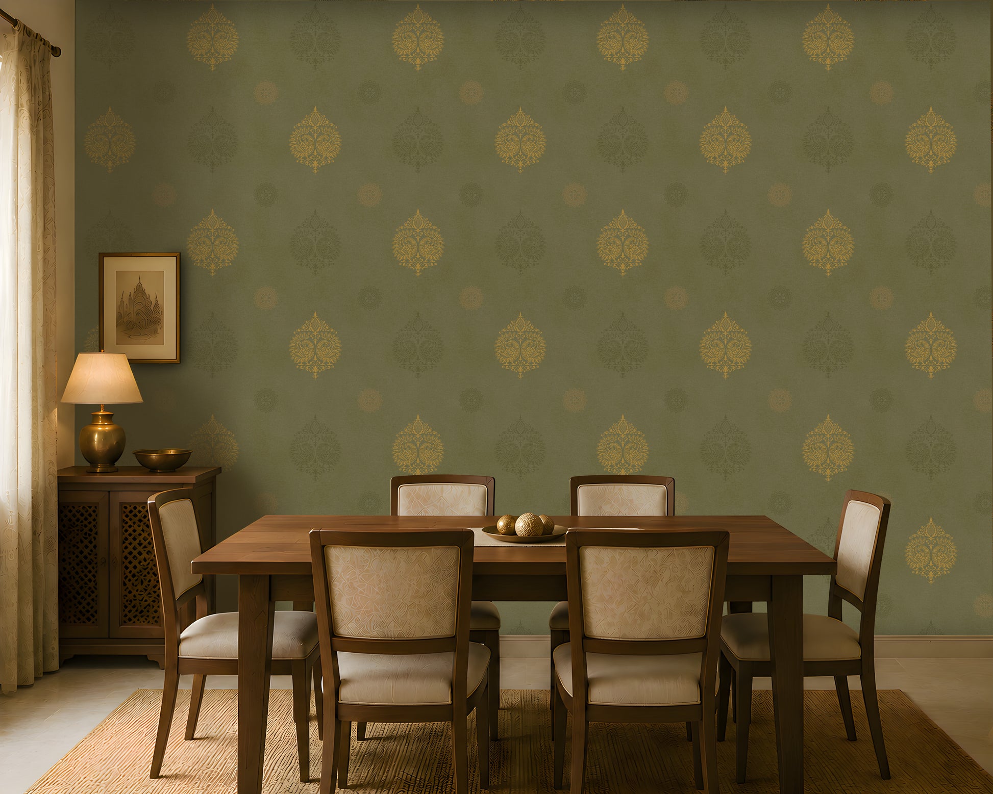 An architectural perspective of a lounge featuring the Vintage Damask Wallpaper in Deep Olive. The large-scale damask pattern creates a warm, storied atmosphere, perfectly complementing natural wood textures and leather furniture for a refined, global-inspired interior.