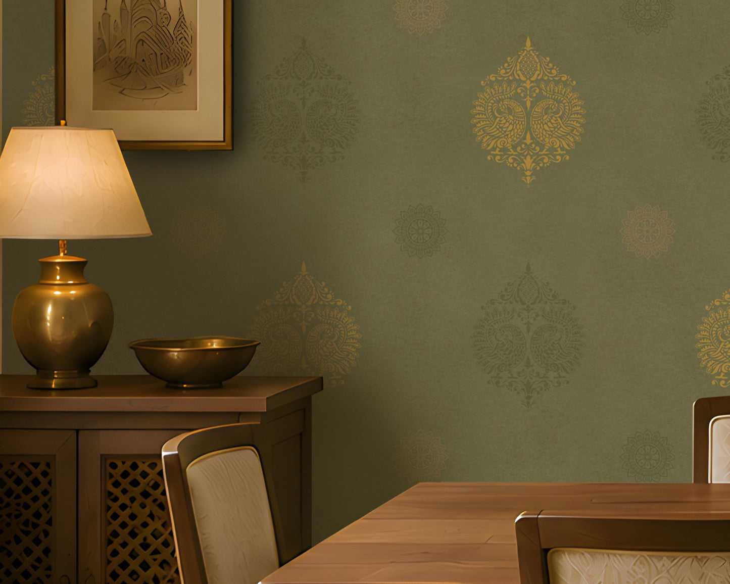 697_DA Vintage Damask Heritage Collection Wallpaper, Deep olive