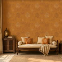 An architectural perspective of a statement room featuring the Vintage Damask Wallpaper in Bright Ochre. The large-scale pattern and radiant colorway create an inviting, gallery-like atmosphere, serving as a powerful cultural focal point that anchors the surrounding decor.
