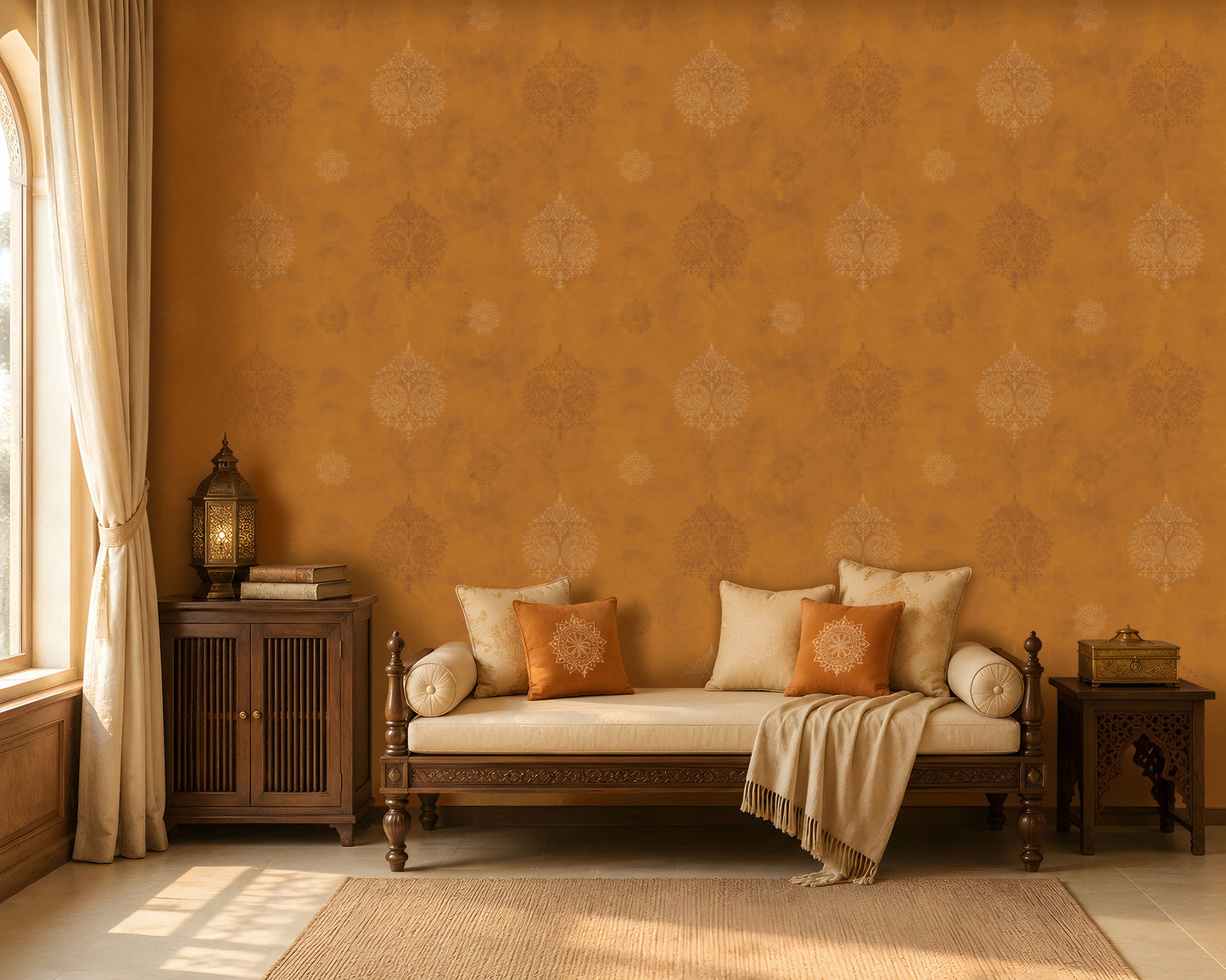 An architectural perspective of a statement room featuring the Vintage Damask Wallpaper in Bright Ochre. The large-scale pattern and radiant colorway create an inviting, gallery-like atmosphere, serving as a powerful cultural focal point that anchors the surrounding decor.