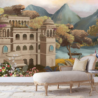 Decorative wall mural with a castle and landscape, featuring a chaise lounge in front.