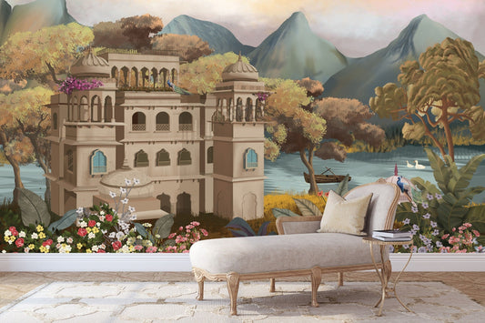 Decorative wall mural with a castle and landscape, featuring a chaise lounge in front.