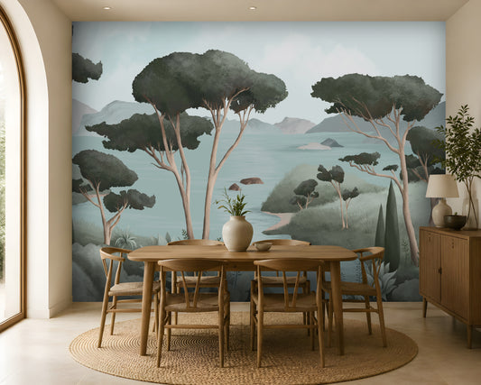 700_DA Ethereal Landscapes Dreamy Panoramic Scenic Wallpaper, Charcoal Green