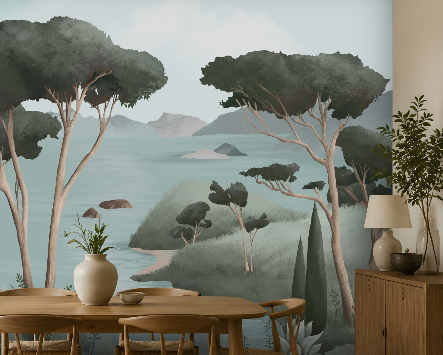 700_DA Ethereal Landscapes Dreamy Panoramic Scenic Wallpaper, Charcoal Green