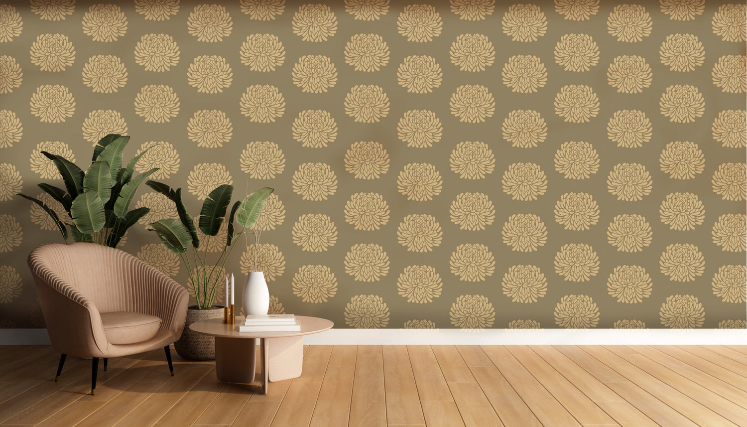 Pale olive floral motif mural wallpaper botanical wall design in modern living room.