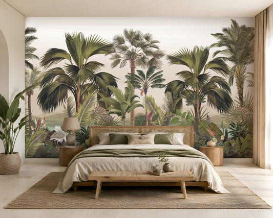 819_DA Exotic Palm Retreat Tropical Palm Wallpaper, Noble Cream