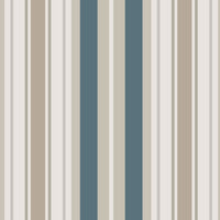 A modern room setup features a bold striped wallpaper in a sagewood theme.
The fabric-textured design shows alternating thick vertical bands of teal blue, warm beige, and soft cream.
In front, a vibrant yellow accent chair with light wood legs stands on the right side.
The contemporary interior setting is completed by a minimalist black metal shelving unit on the left.