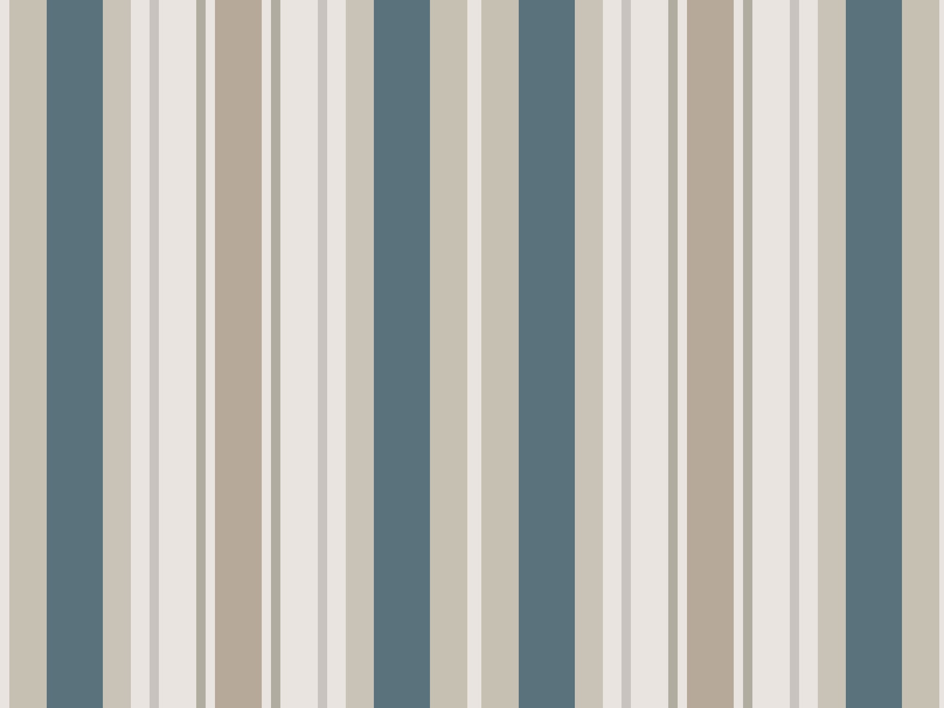 A modern room setup features a bold striped wallpaper in a sagewood theme.
The fabric-textured design shows alternating thick vertical bands of teal blue, warm beige, and soft cream.
In front, a vibrant yellow accent chair with light wood legs stands on the right side.
The contemporary interior setting is completed by a minimalist black metal shelving unit on the left.