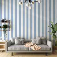 A bright living room features a striped wallpaper pattern.
The wallpaper colors are soft sky blue and crisp white.
The design has clean, evenly spaced vertical stripes across the wall.
A light grey sofa with several matching pillows sits in front.
A pale peach blanket is draped casually over the couch cushions.
The look is finished with a large green plant on the right.