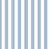 A bright living room features a striped wallpaper pattern.
The wallpaper colors are soft sky blue and crisp white.
The design has clean, evenly spaced vertical stripes across the wall.
A light grey sofa with several matching pillows sits in front.
A pale peach blanket is draped casually over the couch cushions.
The look is finished with a large green plant on the right.