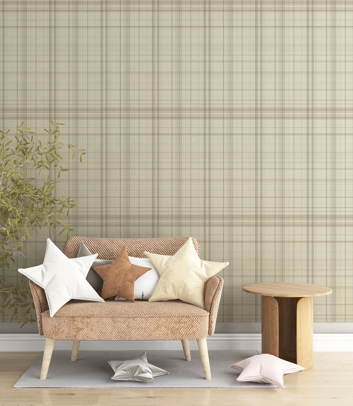 A modern bedroom features a textured plaid wallpaper in sahara blush and cream tones.
The fabric-look design displays a detailed grid pattern with intersecting soft pink, orange, and tan lines.
In front, a fully dressed bed with cream linens sits next to a classic pink wingback accent chair.
The elegant, cozy space is completed by a small wooden nightstand and a soft pink area rug.