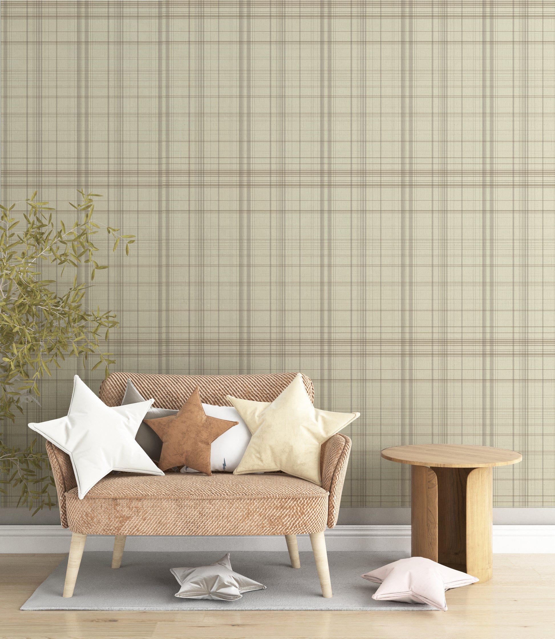A modern bedroom features a textured plaid wallpaper in sahara blush and cream tones.
The fabric-look design displays a detailed grid pattern with intersecting soft pink, orange, and tan lines.
In front, a fully dressed bed with cream linens sits next to a classic pink wingback accent chair.
The elegant, cozy space is completed by a small wooden nightstand and a soft pink area rug.