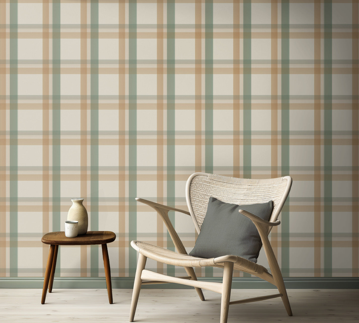 A calm, modern interior space features a classic plaid wallpaper in cream and beige tones.
The detailed fabric-look design displays a structured grid pattern with intersecting tan and sage green lines.
In front, an elegant light wood lounge chair with a dark grey pillow is placed to the right.
The simple minimalist room setting is completed by a small three-legged wooden side table on the left.