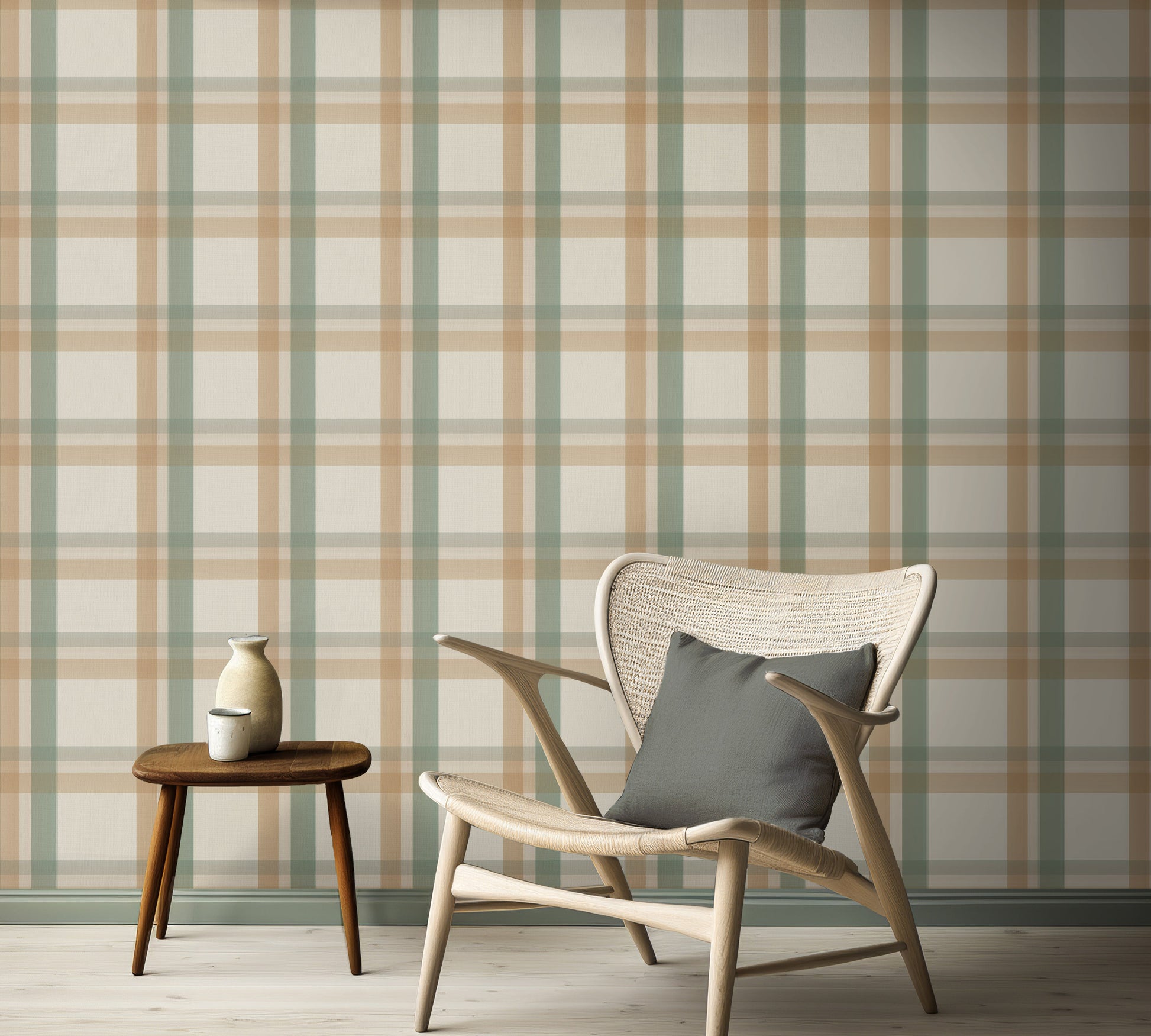 A calm, modern interior space features a classic plaid wallpaper in cream and beige tones.
The detailed fabric-look design displays a structured grid pattern with intersecting tan and sage green lines.
In front, an elegant light wood lounge chair with a dark grey pillow is placed to the right.
The simple minimalist room setting is completed by a small three-legged wooden side table on the left.