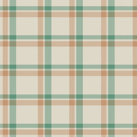 A calm, modern interior space features a classic plaid wallpaper in cream and beige tones.
The detailed fabric-look design displays a structured grid pattern with intersecting tan and sage green lines.
In front, an elegant light wood lounge chair with a dark grey pillow is placed to the right.
The simple minimalist room setting is completed by a small three-legged wooden side table on the left.