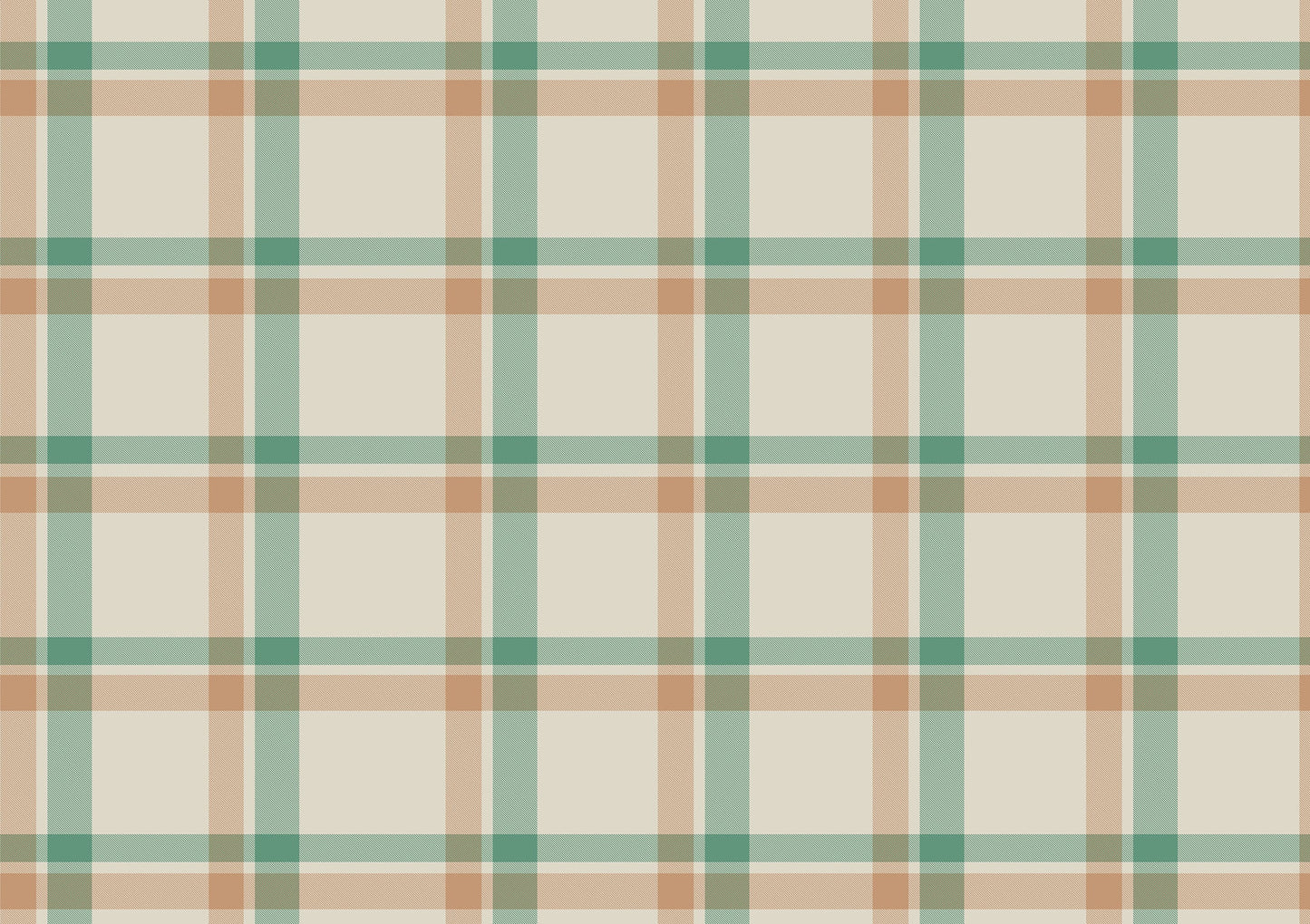 A calm, modern interior space features a classic plaid wallpaper in cream and beige tones.
The detailed fabric-look design displays a structured grid pattern with intersecting tan and sage green lines.
In front, an elegant light wood lounge chair with a dark grey pillow is placed to the right.
The simple minimalist room setting is completed by a small three-legged wooden side table on the left.