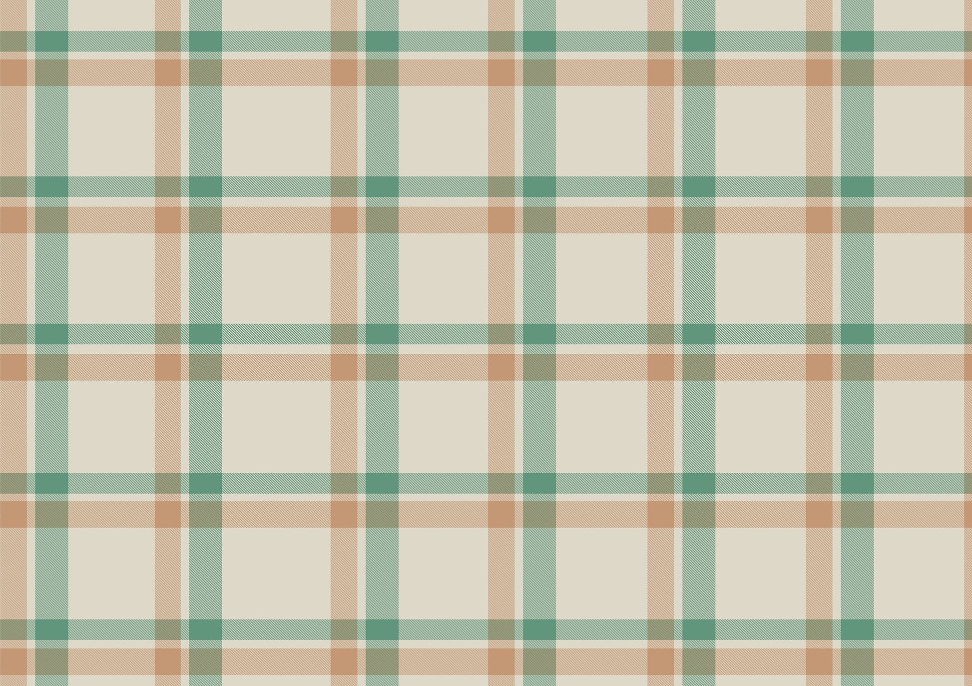 A calm, modern interior space features a classic plaid wallpaper in cream and beige tones.
The detailed fabric-look design displays a structured grid pattern with intersecting tan and sage green lines.
In front, an elegant light wood lounge chair with a dark grey pillow is placed to the right.
The simple minimalist room setting is completed by a small three-legged wooden side table on the left.
