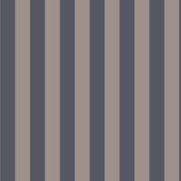 A modern living room features a dark navy blue and muted grey-brown striped wallpaper.
The design showcases clean, evenly spaced vertical stripes filling the entire back wall.
In front, a beige fabric sofa with decorative pillows rests on a chevron pattern rug.
The contemporary, stylish space is finished with a large potted green plant on the left.