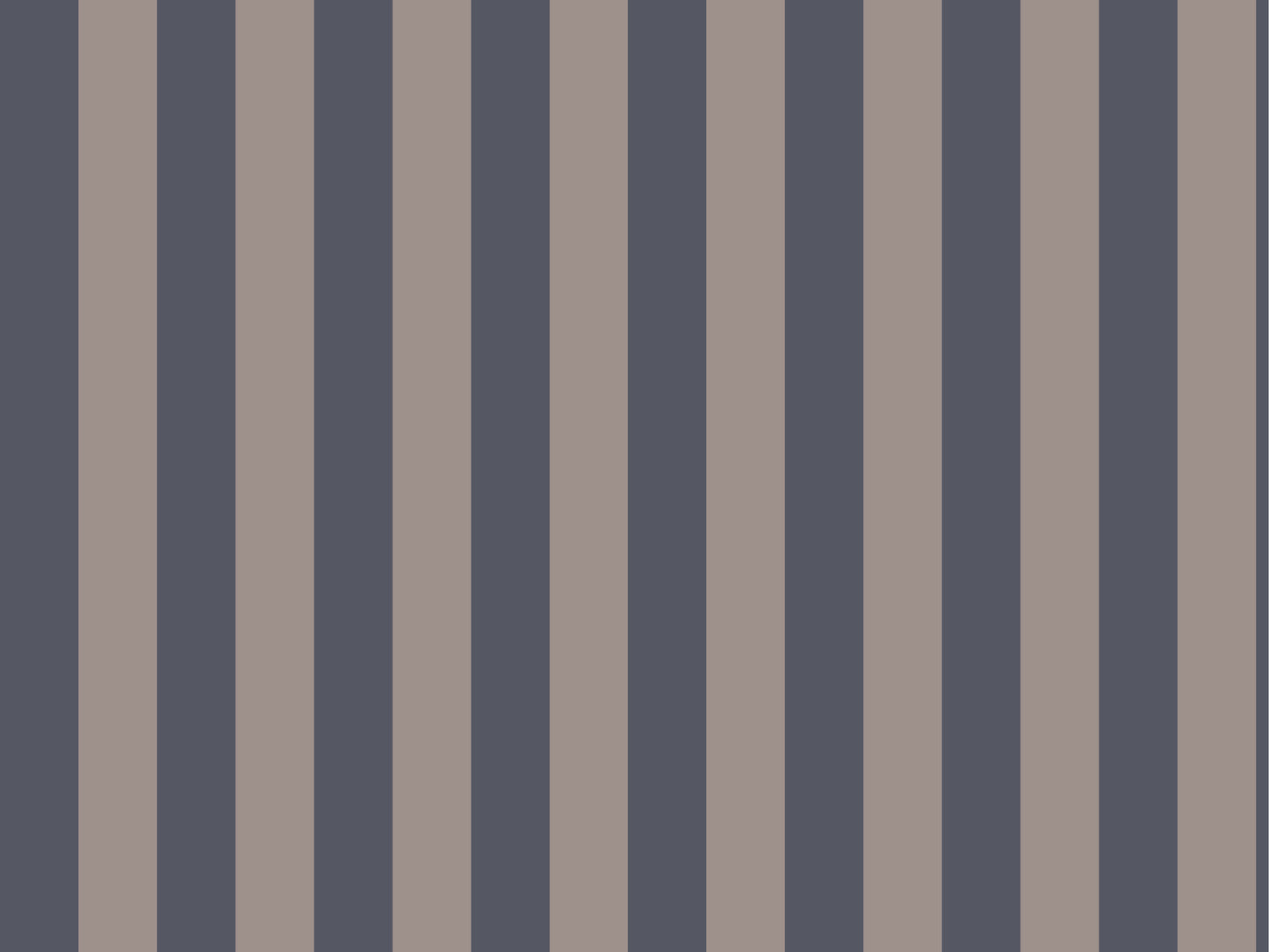 A modern living room features a dark navy blue and muted grey-brown striped wallpaper.
The design showcases clean, evenly spaced vertical stripes filling the entire back wall.
In front, a beige fabric sofa with decorative pillows rests on a chevron pattern rug.
The contemporary, stylish space is finished with a large potted green plant on the left.