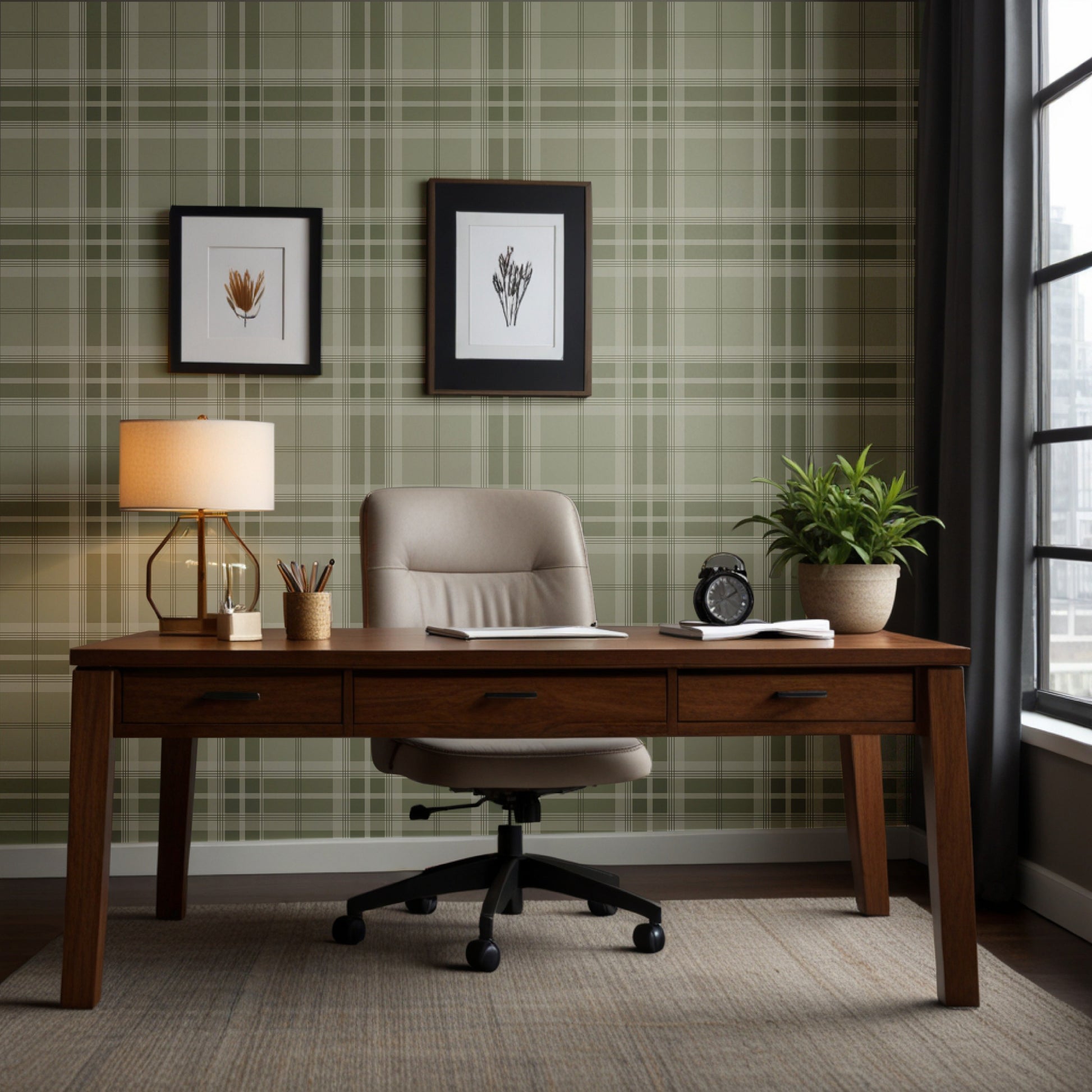 A structured interior setting features a striped wallpaper in yellow, grey, and cream tones.
The detailed texture showcases clean vertical yellow and grey bands alongside thin cream stripes.
In front, a minimalist credenza cabinet with white, light grey, and teal drawers is centered nicely.
The neat interior space is nicely completed by a white wavy ceramic vase holding a small leafy plant.