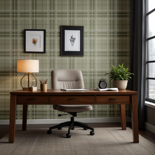 A structured interior setting features a striped wallpaper in yellow, grey, and cream tones.
The detailed texture showcases clean vertical yellow and grey bands alongside thin cream stripes.
In front, a minimalist credenza cabinet with white, light grey, and teal drawers is centered nicely.
The neat interior space is nicely completed by a white wavy ceramic vase holding a small leafy plant.