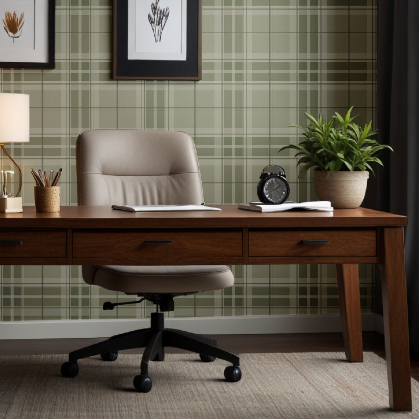 A structured interior setting features a striped wallpaper in yellow, grey, and cream tones.
The detailed texture showcases clean vertical yellow and grey bands alongside thin cream stripes.
In front, a minimalist credenza cabinet with white, light grey, and teal drawers is centered nicely.
The neat interior space is nicely completed by a white wavy ceramic vase holding a small leafy plant.