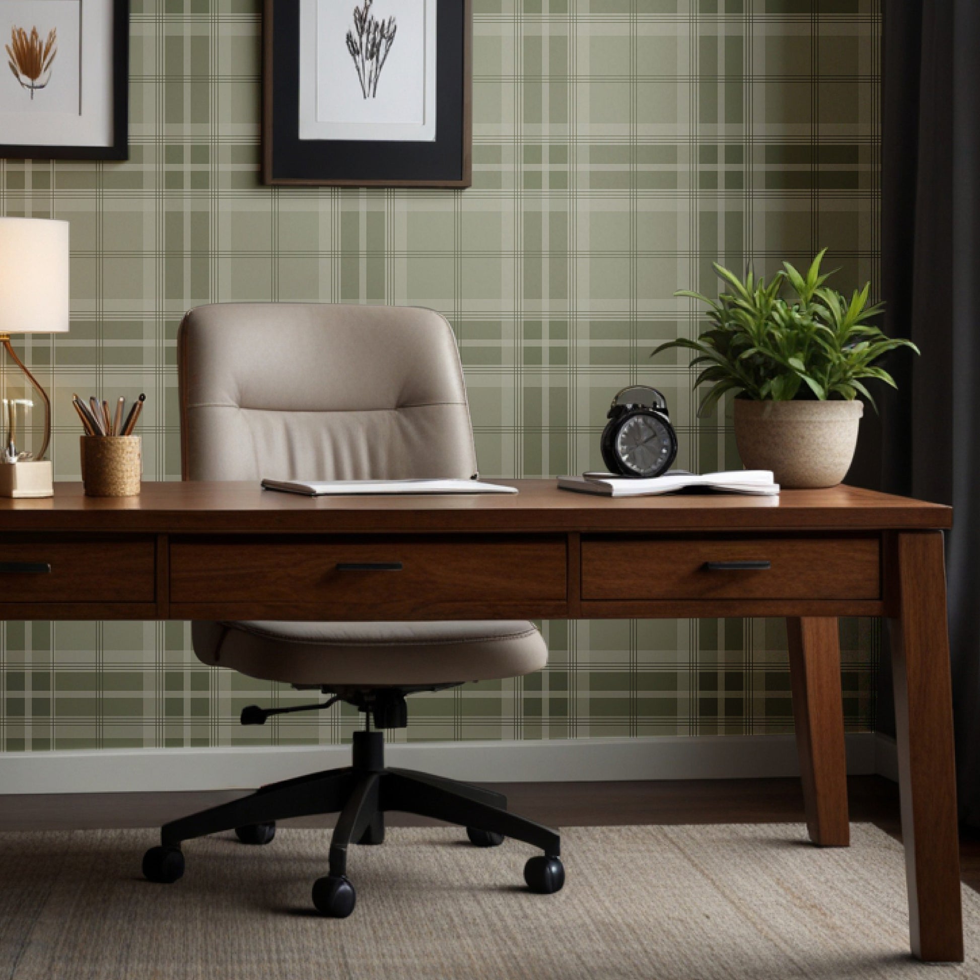 A structured interior setting features a striped wallpaper in yellow, grey, and cream tones.
The detailed texture showcases clean vertical yellow and grey bands alongside thin cream stripes.
In front, a minimalist credenza cabinet with white, light grey, and teal drawers is centered nicely.
The neat interior space is nicely completed by a white wavy ceramic vase holding a small leafy plant.