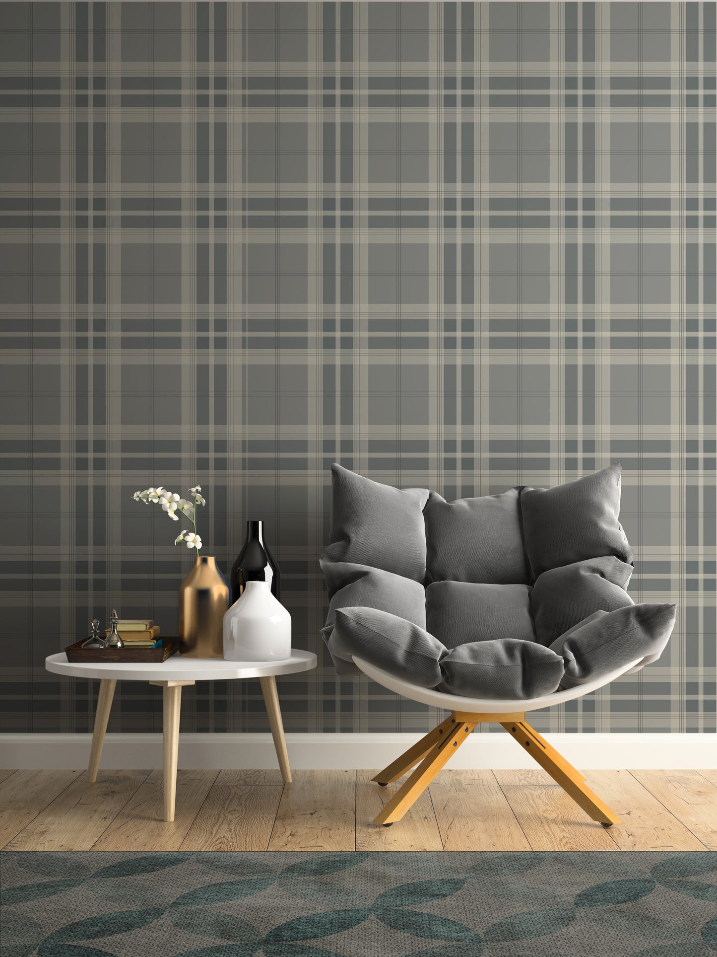 A classic interior study space features a traditional plaid wallpaper in sage green and cream tones.
The detailed textile-look design showcases an intricate grid pattern of intersecting dark green and beige lines.
In front, a large dark wood desk with three drawers is paired with a comfortable taupe office chair.
The elegant, professional setting is completed by a warm desk lamp and a vibrant green potted plant.